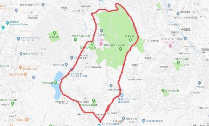 鎌倉山の激坂を含む周回コースの地図