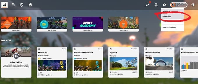 Zwiftのライド選択画面